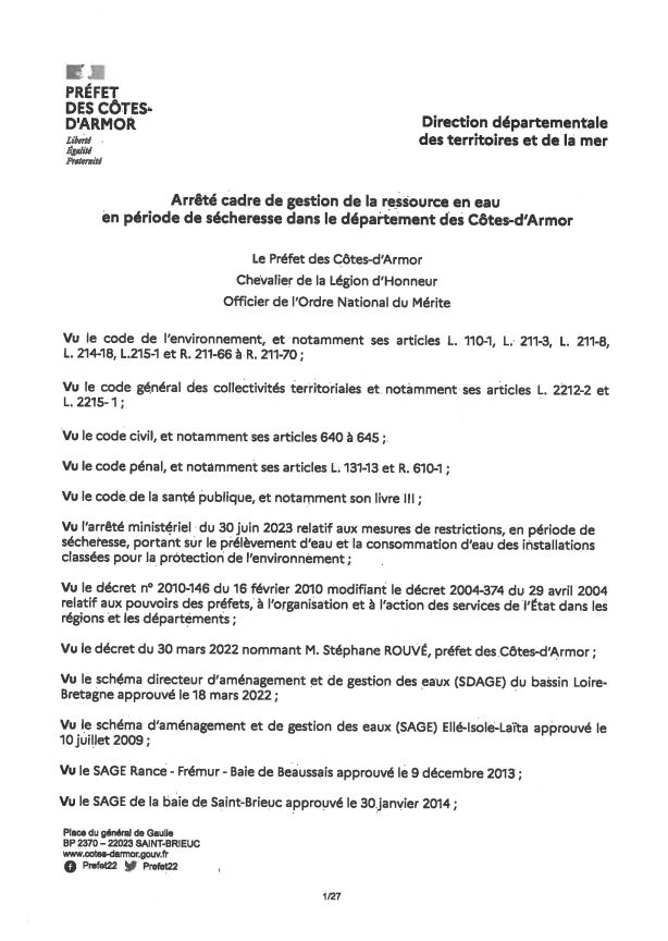 Nouvel arrêté cadre de gestion de la ressource en eau en période de sécheresse dans le département des Côtes d’Armor, en date du 28 juillet 2023